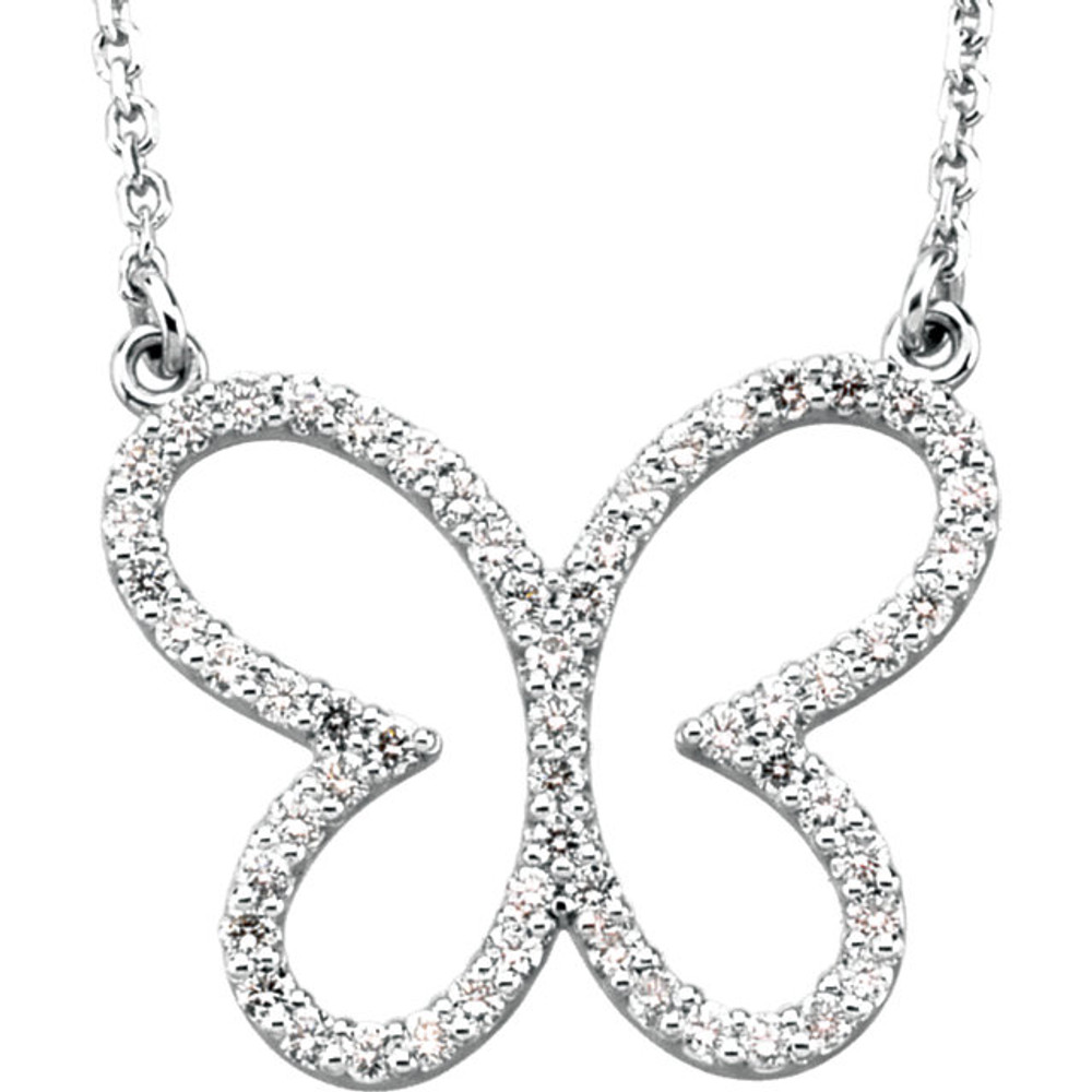 This sweet, scrolling butterfly necklace graces the neckline with .33 ct. t.w. of diamonds in 14k white gold. On diamond cut cable chain with a spring ring clasp. Diamond butterfly necklace.