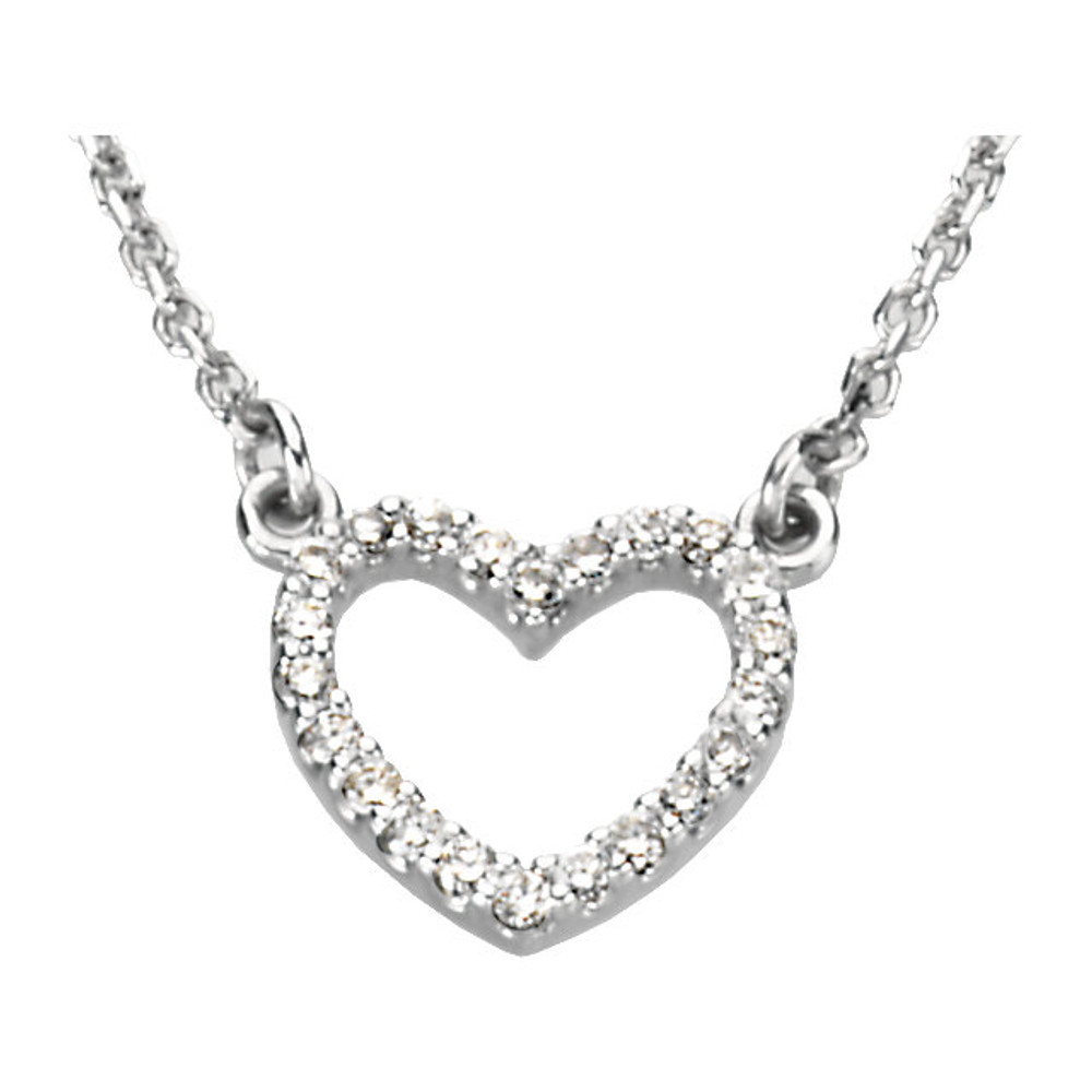 Beautiful 14Kt white gold heart necklace features white shimmering diamonds with 1/8 carats of diamonds hanging from a 16" inch chain which is included.