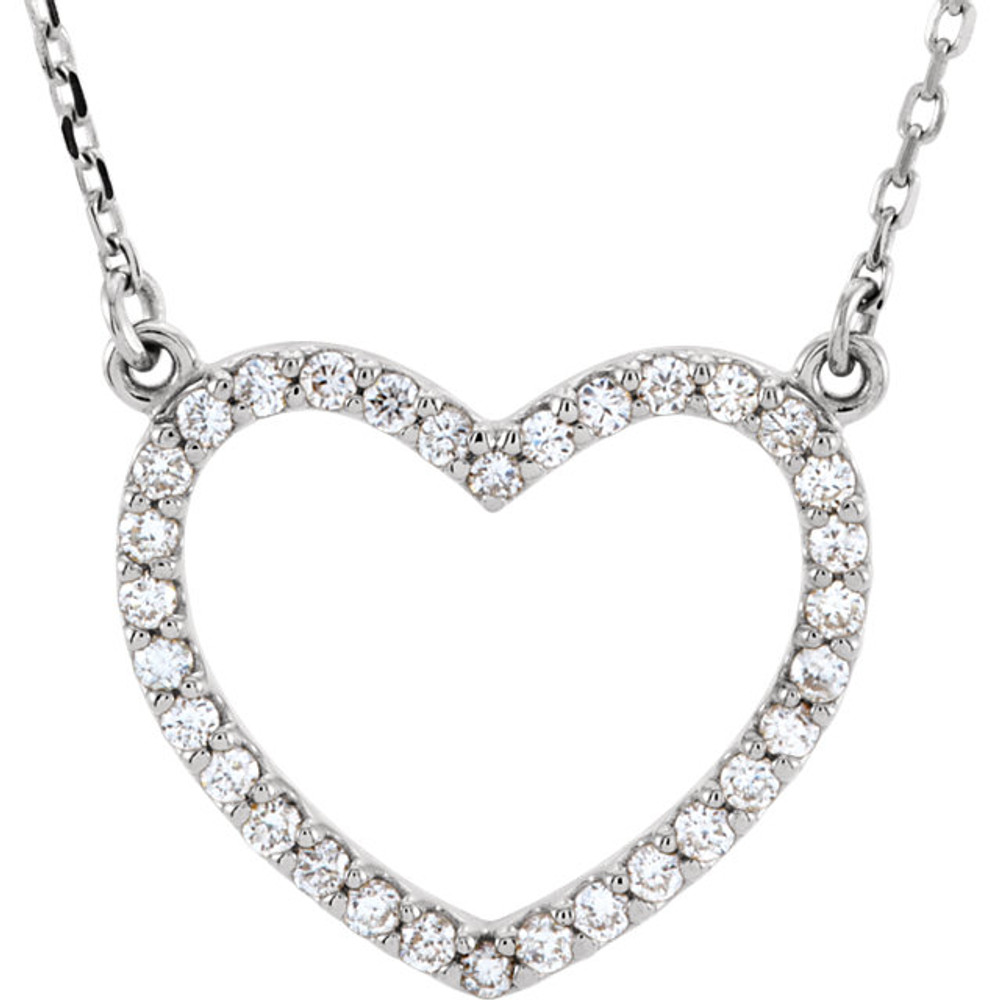 Beautiful 14Kt white gold heart necklace features white shimmering diamonds with 1/4 carats of diamonds hanging from a 16" inch chain which is included.