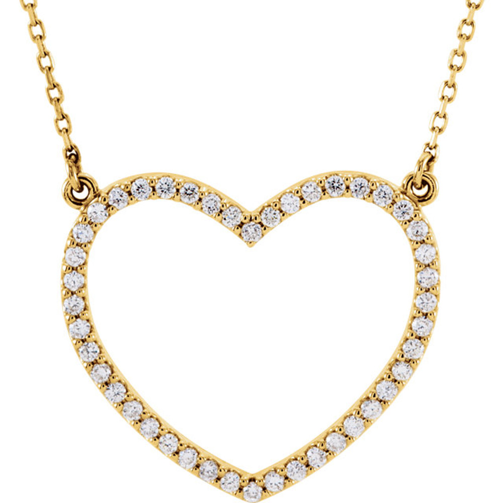 Beautiful 14Kt yellow gold heart necklace features white shimmering diamonds with 1/3 carats of diamonds hanging from a 16" inch chain which is included.