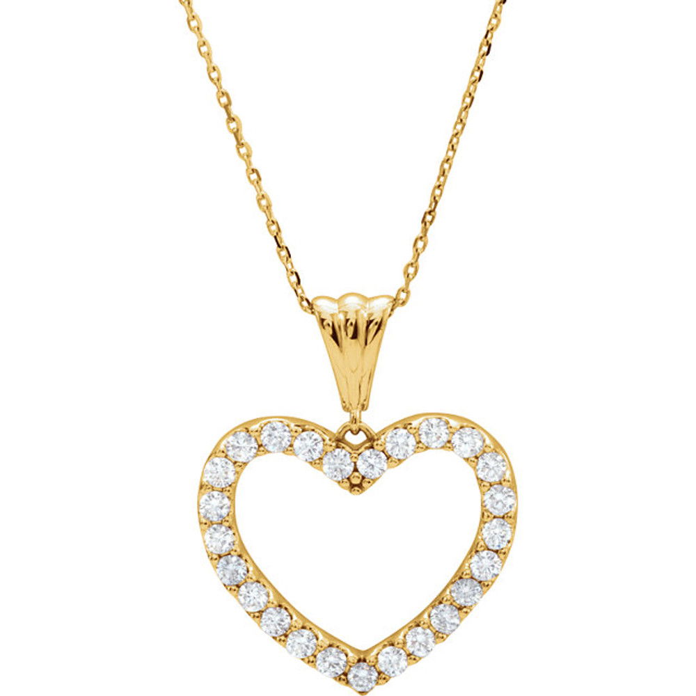 The 1 ct. tw. diamond 18" heart necklace in 14kt yellow gold showcases an enchanting design with a dash of flash. This necklace is sure to impress. Intricate design and amazing detail complemented by the 14kt yellow gold. This magnificent piece sparkles with shimmering diamond. 1.00 ct. This necklace undeniably a fashion-forward look and masterfully crafted with a bright polished shine.