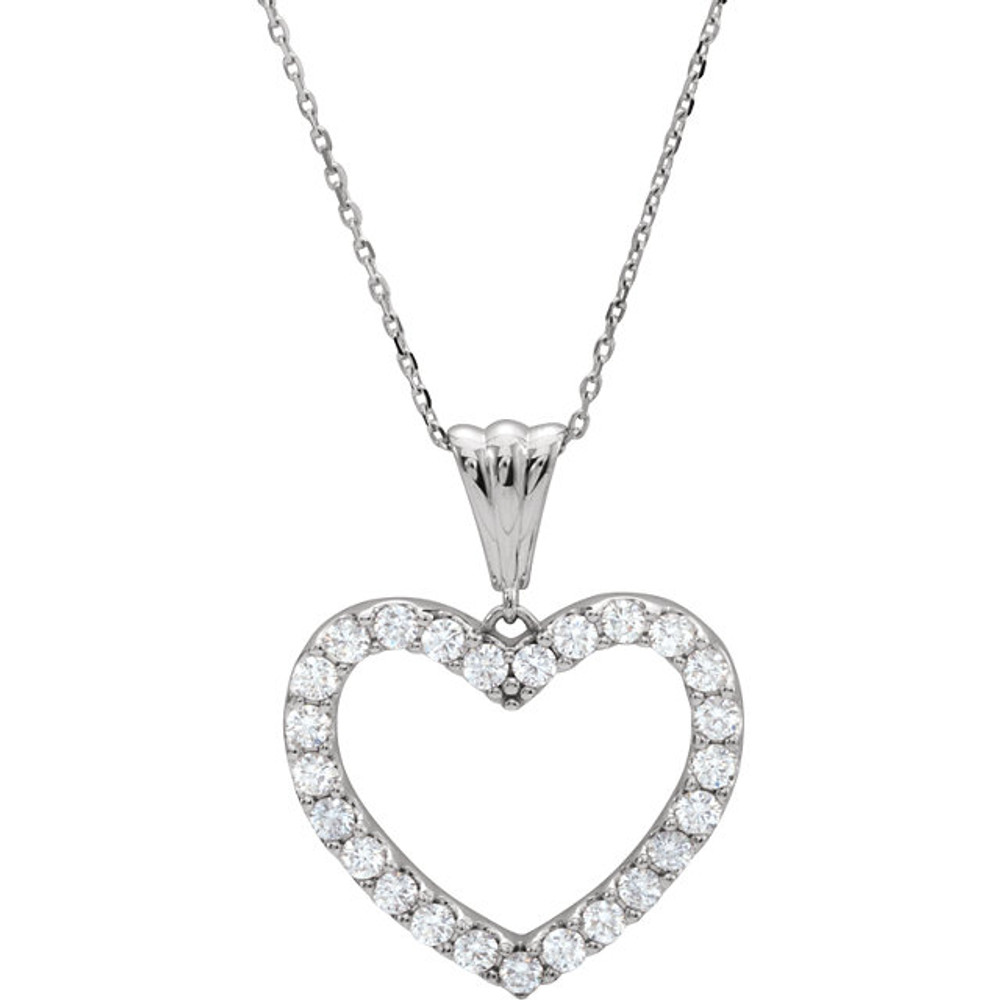 The 1.00 ct. tw. diamond 18" heart necklace in 14kt white gold showcases an enchanting design with a dash of flash. This necklace is sure to impress. Intricate design and amazing detail complemented by the 14kt white gold. This magnificent piece sparkles with shimmering diamond. 1.00 ct. This necklace undeniably a fashion-forward look and masterfully crafted with a bright polished shine.