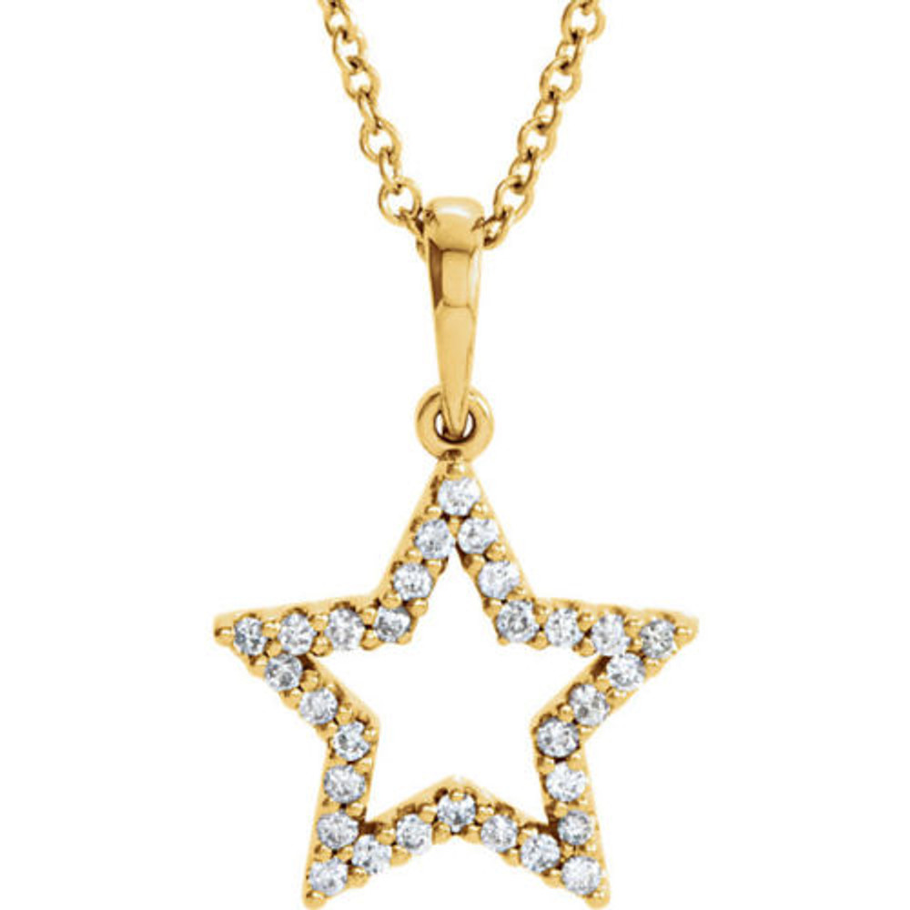 This five pointed star shaped pendant necklace for women features 30 separate pinpoint set diamonds with an approximate total weight of 1/6 carats. Carefully crafted in 14k yellow gold, this dazzling diamond star pendant dangles from an included, matching 16 inch chain.