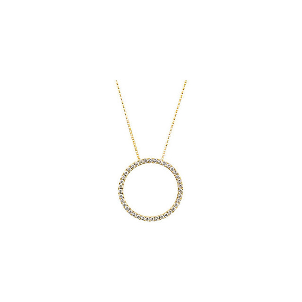 Place this enthralling diamond circle necklace around her neck and she will jump for joy. Set in 14Kt yellow gold with 39 glistening diamonds weighing 1.00 ct. tw, this necklace is magnificent. She will be thrilled to don this infinity diamond circle pendant and will think fondly of you when she does.