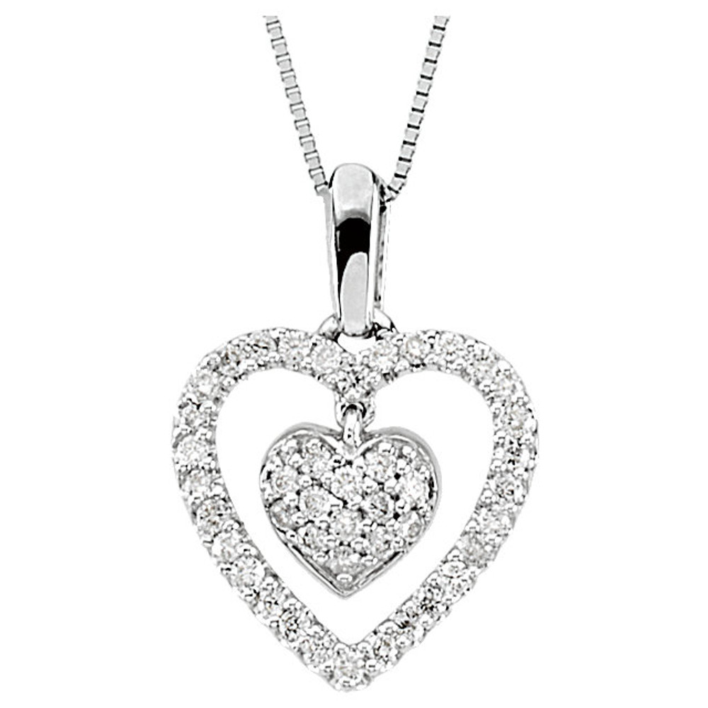 Beautiful 14Kt white gold heart necklace featuring white shimmering diamonds with 1/4 carats of diamonds.