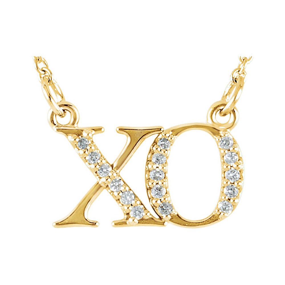 It's a different, more stylish kind of public display of affection! This charming pendant features the traditional symbols of hugs and kisses set with glittering diamond accents. The style suspends from an 16.0-inch solid chain and secures with a spring-ring clasp. 