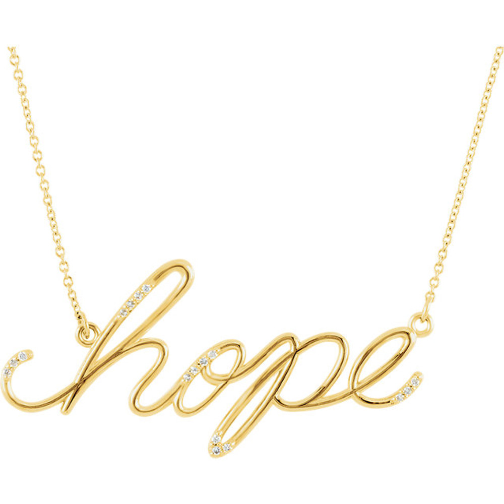 "Hope" Chain Necklace featuring a 0.08 ct. tw. round genuine diamonds. It is a truly unique and a fantastic choice. Diamonds are G-H in color and I1 or better in clarity. The style suspends from an 16.80-inch cable chain and secures with a spring-ring clasp. 