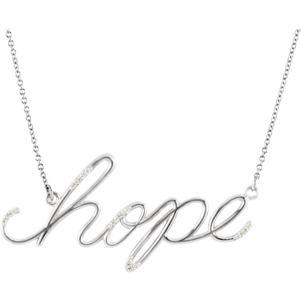 "Hope" Chain Necklace featuring a 0.08 ct. tw. round genuine diamonds. It is a truly unique and a fantastic choice. Diamonds are G-H in color and I1 or better in clarity. The style suspends from an 16.80-inch cable chain and secures with a spring-ring clasp.