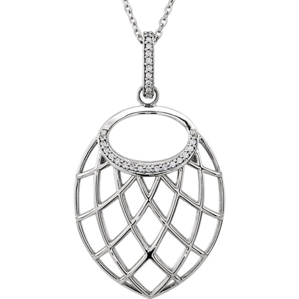 Beautiful 14Kt white gold necklace features a unique design with white shimmering diamonds hanging from a 18" inch chain which is included. 