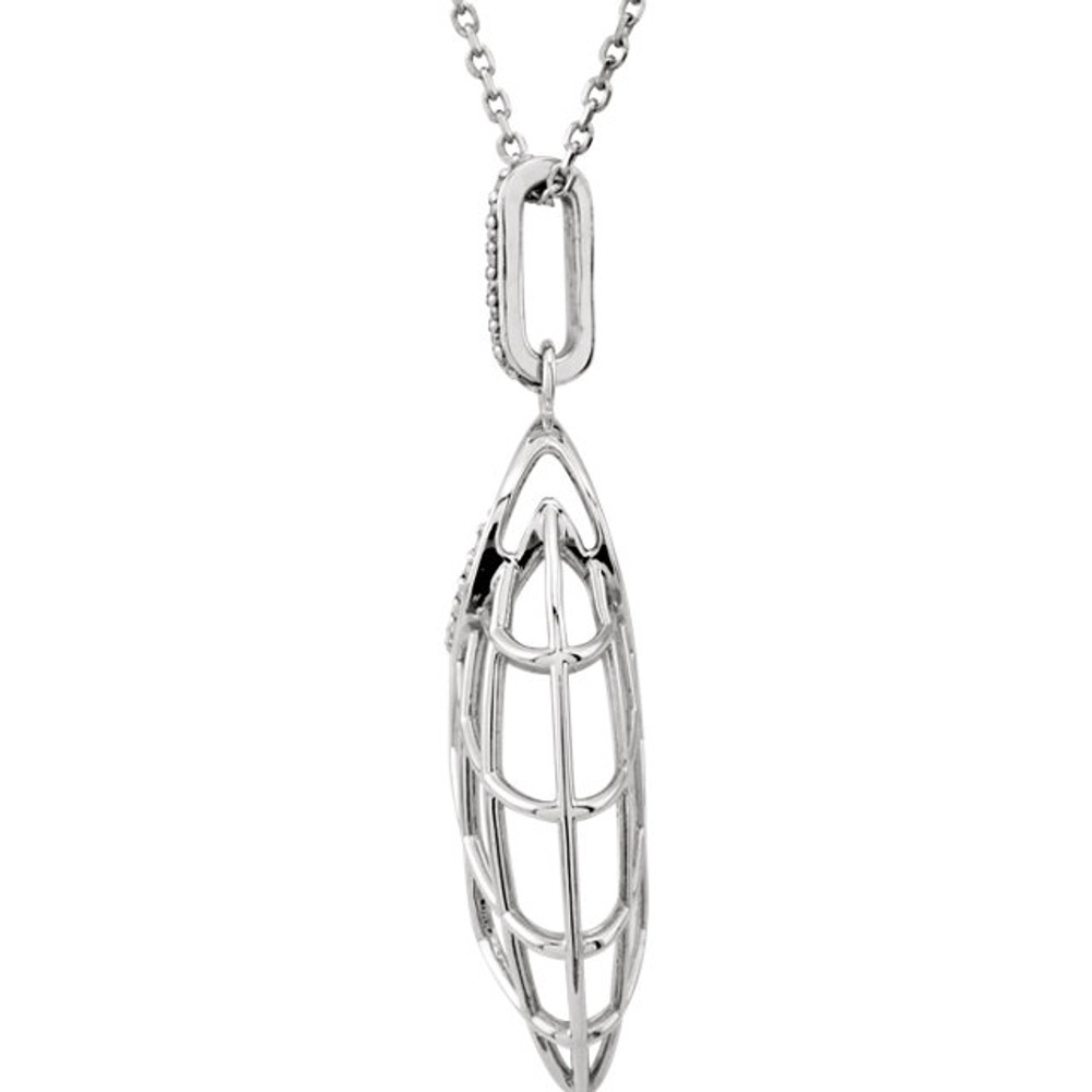 Beautiful 14Kt white gold necklace features a unique design with white shimmering diamonds hanging from a 18" inch chain which is included. 