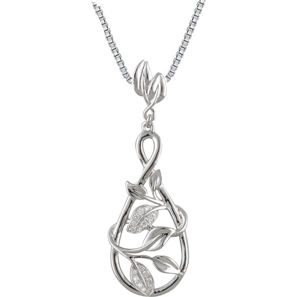 Beautiful 14Kt white gold leaf design necklace features white shimmering diamonds with 1/10 carats of diamonds hanging from a 18" inch chain which is included.