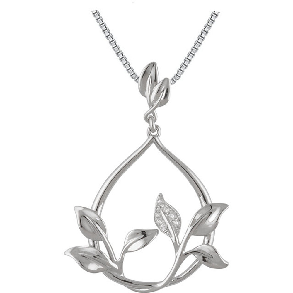 Beautiful 14Kt white gold leaf design necklace features white shimmering diamonds with .05 carats of diamonds hanging from a 18" inch chain which is included.