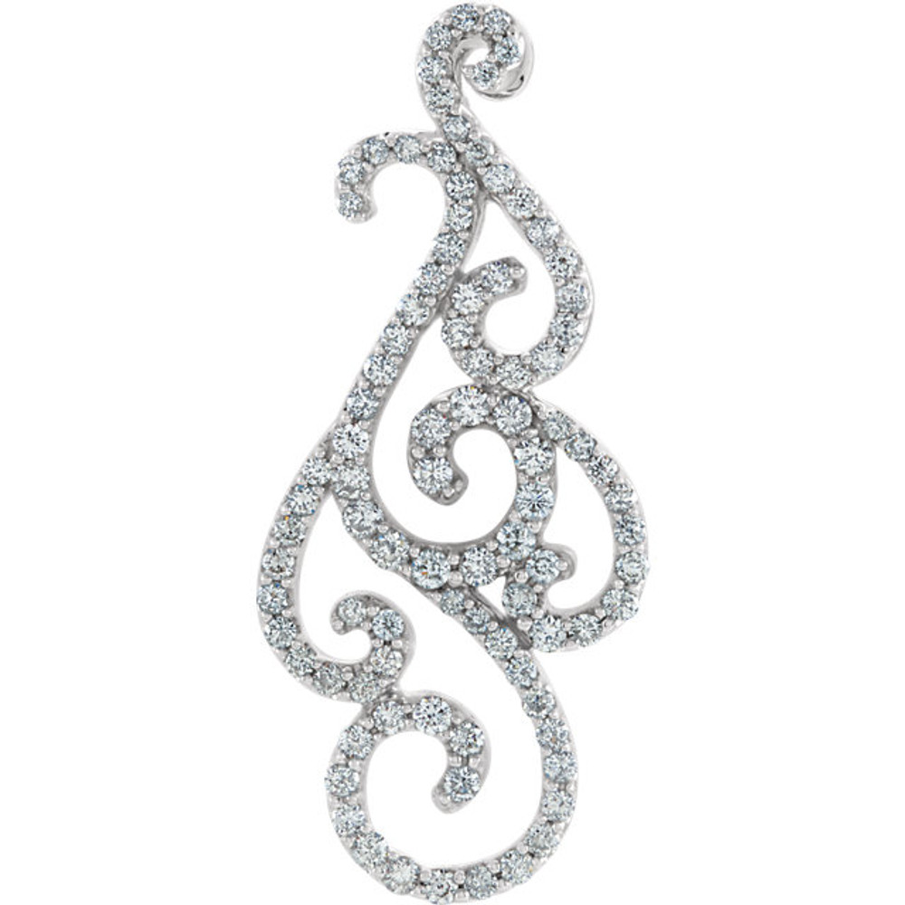 Modern 14Kt white gold diamond swirl design pendant with a total diamond carat weight of .75cts. Total weight of the gold is 4.09 grams.