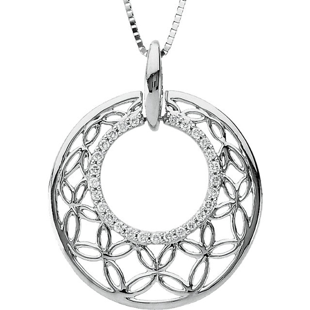 Beautiful 14Kt white gold pendant features a unique openwork circle design with .25 carats of white shimmering diamonds hanging from a 18" inch chain which is included.