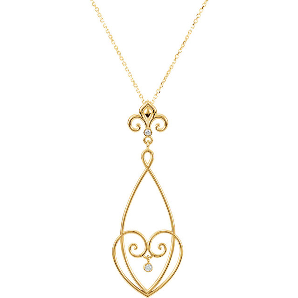 Beautiful 14Kt yellow gold Fleur-De-Lis necklace features white shimmering diamonds with .05 carats of diamonds hanging from a 18" inch chain which is included.