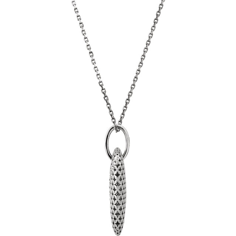 Beautiful 14Kt white gold pierced style necklace features white shimmering diamonds with 1/8 carats of diamonds hanging from a 18" inch chain which is included.