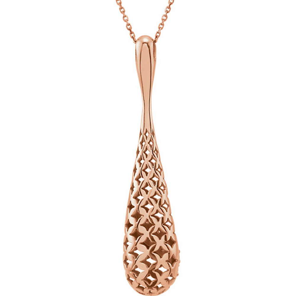 Beautiful 14Kt rose gold necklace features white shimmering diamonds with 1/3 carats of diamonds hanging from a 18" inch chain which is included. 