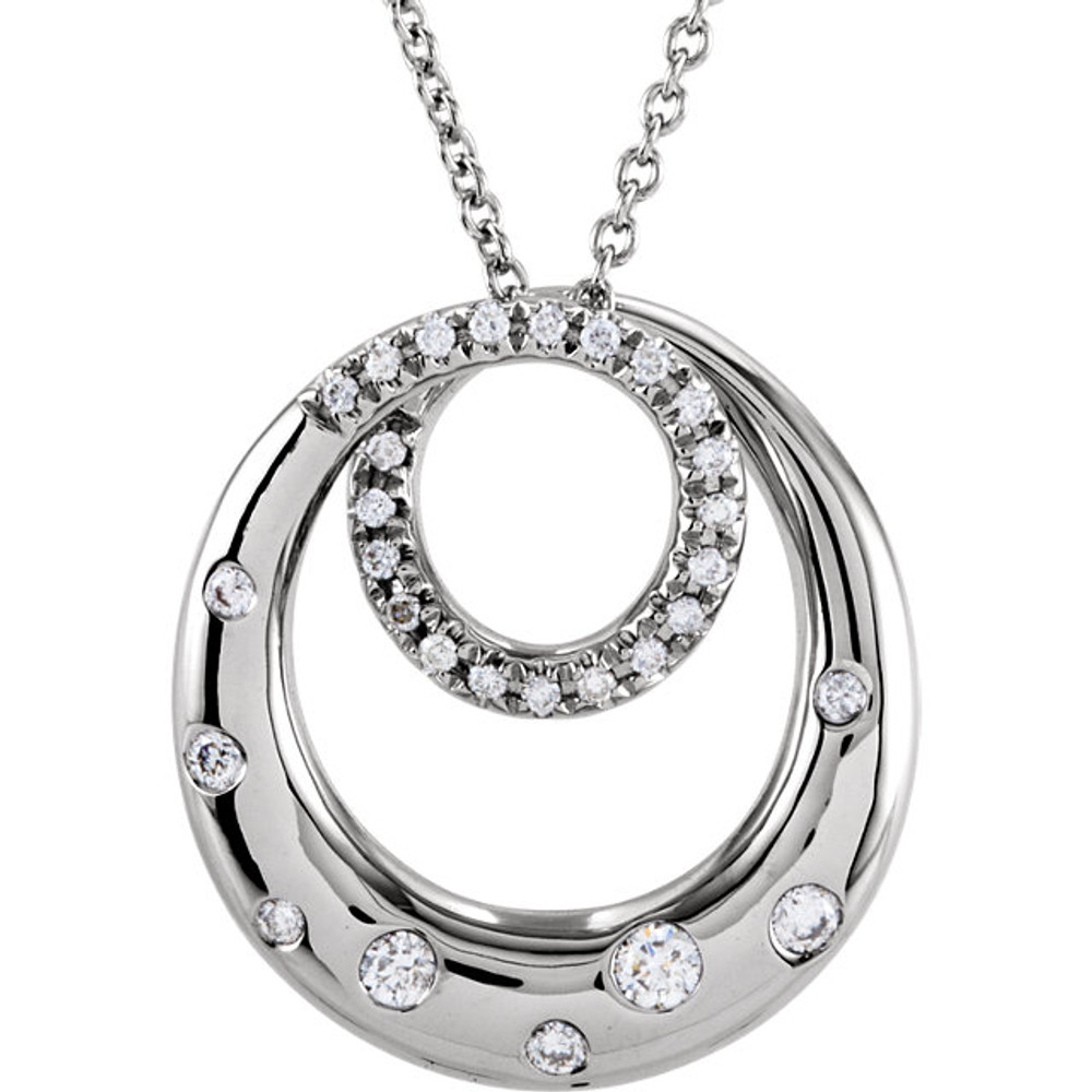Beautiful 14Kt white gold necklace featuring white shimmering diamonds with 1/3 carats of diamonds hanging from a 18" inch chain which is included.