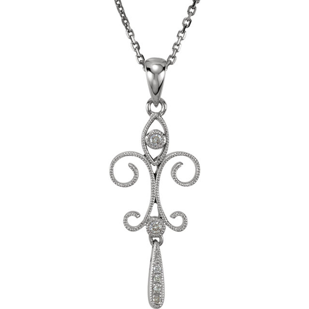 Beautiful 14Kt white gold necklace features white shimmering diamonds with .04 carats of diamonds hanging from a 18" inch chain which is included.