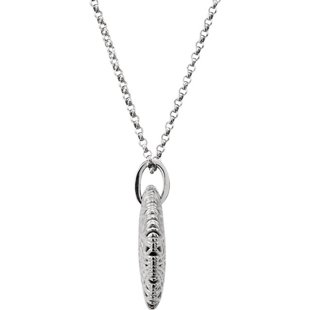 Beautiful 14Kt white gold 18" rolo necklace features white shimmering diamonds with .08 carats of diamonds.