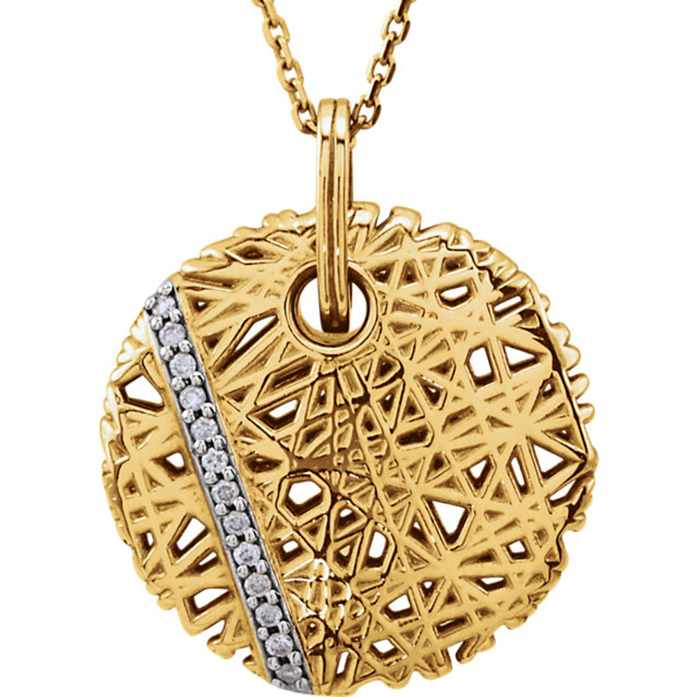 Beautiful 14Kt yellow gold necklace features white shimmering diamonds with 1/4 carats of diamonds hanging from a 18" inch chain which is included.