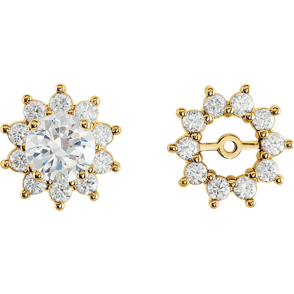 Dress up your favorite solitaire stud earrings with a halo of diamonds with this glittering pair of earring jackets. Simply place the post of your own earring through the center hole in the earring jacket to create a fresh new look.

Each earring is set with 10 prong-set round diamonds in a jacket crafted of 14k yellow gold. Diamonds are rated G-H for color, I1 for clarity, with a total 3/4 carat weight.

Studs are not included.