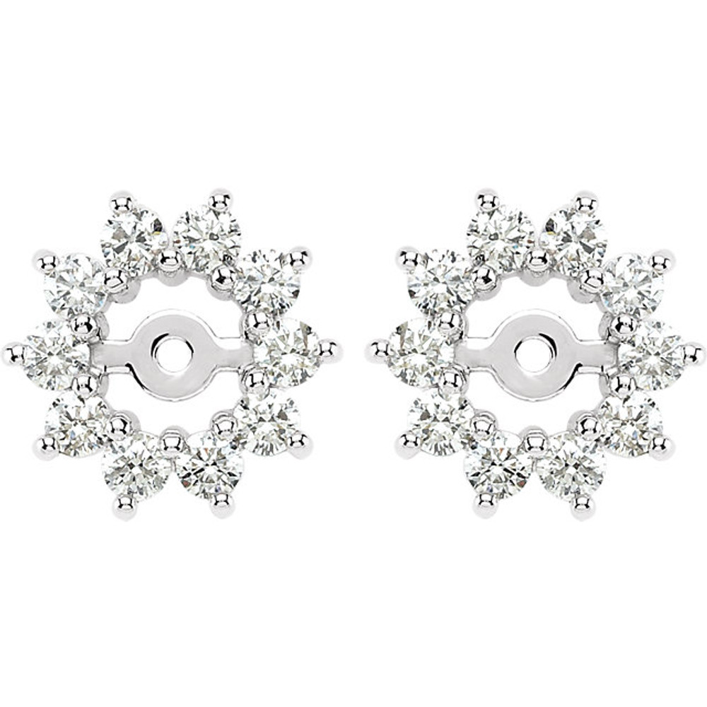 Dress up your favorite solitaire stud earrings with a halo of diamonds with this glittering pair of earring jackets. Simply place the post of your own earring through the center hole in the earring jacket to create a fresh new look.

Each earring is set with 10 prong-set round diamonds in a jacket crafted of 14k white gold. Diamonds are rated G-H for color, I1 for clarity, with a total 5/8 carat weight. Earrings are a size 10.50mm and a bright polish to shine.

Studs are not included.