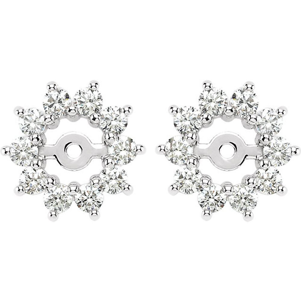 Dress up your favorite solitaire stud earrings with a halo of diamonds with this glittering pair of earring jackets. Simply place the post of your own earring through the center hole in the earring jacket to create a fresh new look.

Each earring is set with 10 prong-set round diamonds in a jacket crafted of 14k white gold. Diamonds are rated G-H for color, I1 for clarity, with a total 5/8 carat weight. Earrings are a size 10.50mm and a bright polish to shine.

Studs are not included.