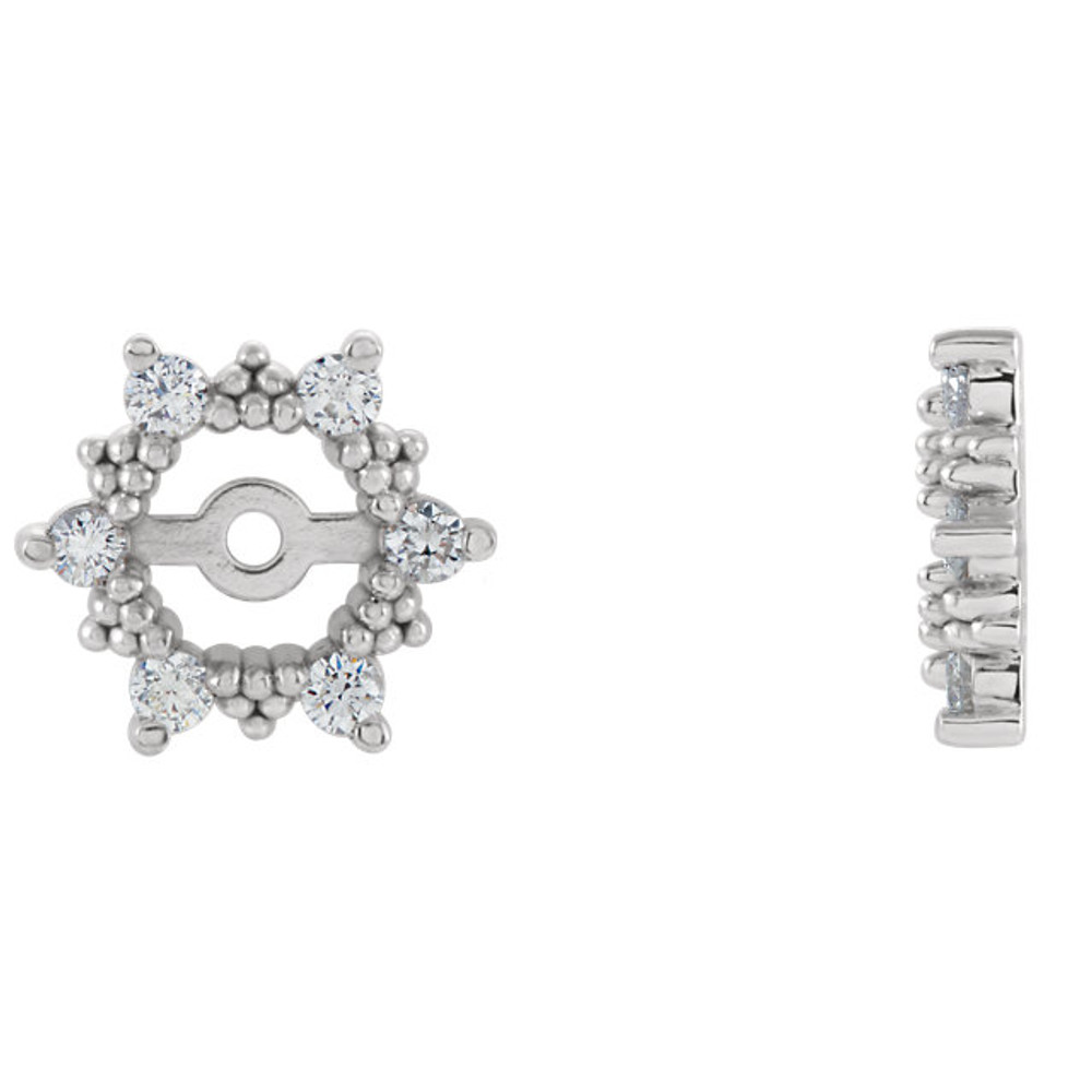 Each diamond earring jacket features six brilliant cut diamonds of G-H color and I1 clarity.

These earring jackets offer your existing diamond studs a dazzling new look, with a total of 0.25 carats.

Round diamond jackets of 14K white gold are perfect for encircling your diamond studs measuring approximately 10mm.

Turn your favorite studs into a sophisticated pair of diamond earrings that cannot be ignored.

Pearls, gemstone or diamond studs are not included.