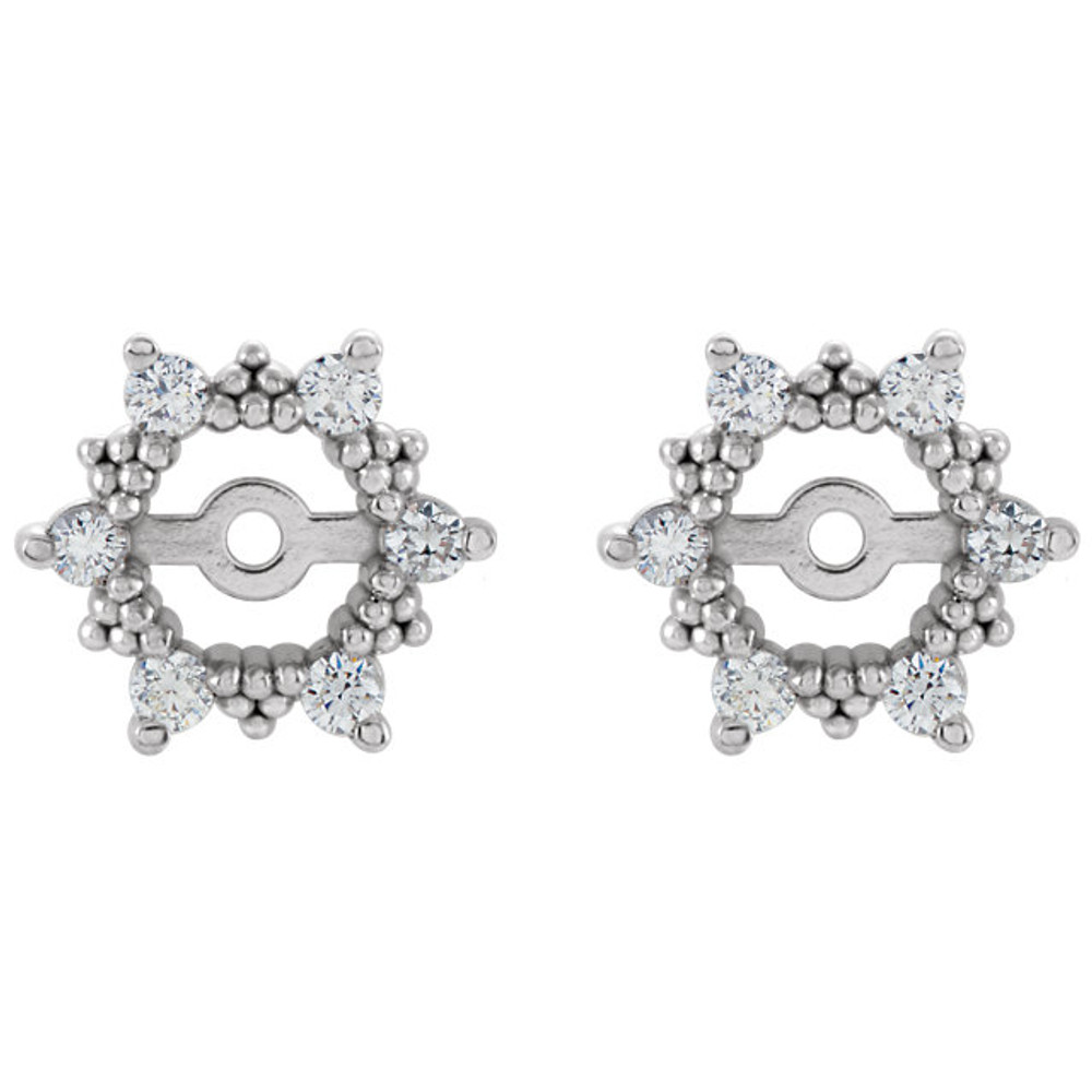 Each diamond earring jacket features six brilliant cut diamonds of G-H color and I1 clarity.

These earring jackets offer your existing diamond studs a dazzling new look, with a total of 0.25 carats.

Round diamond jackets of 14K white gold are perfect for encircling your diamond studs measuring approximately 10mm.

Turn your favorite studs into a sophisticated pair of diamond earrings that cannot be ignored.

Pearls, gemstone or diamond studs are not included.