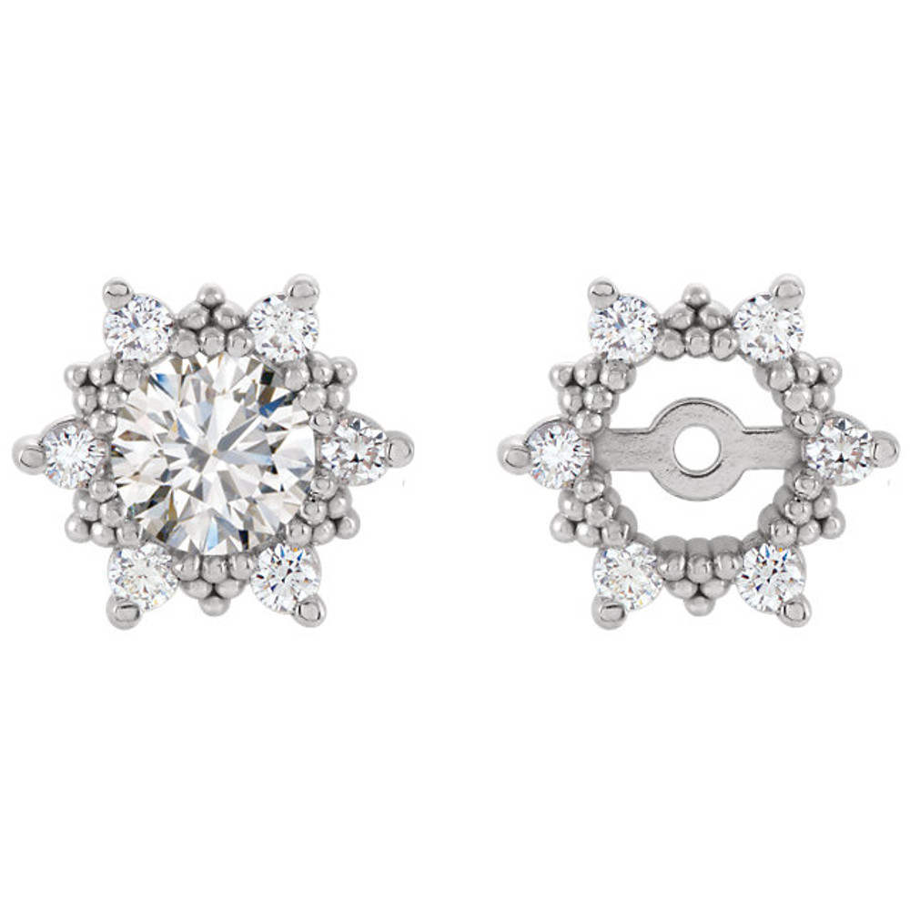 Each diamond earring jacket features six brilliant cut diamonds of G-H color and I1 clarity.

These earring jackets offer your existing diamond studs a dazzling new look, with a total of 0.25 carats.

Round diamond jackets of 14K white gold are perfect for encircling your diamond studs measuring approximately 10mm.

Turn your favorite studs into a sophisticated pair of diamond earrings that cannot be ignored.

Pearls, gemstone or diamond studs are not included.