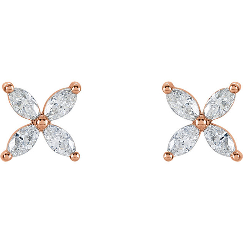 With ease and elegance, these diamond cluster earrings elevate any attire. Fashioned in 14K rose gold, each earring showcases four shimmering marquise diamonds arranged in a flower-like setting. Radiant with 5/8 ct. t.w. of diamonds, these post earrings secure comfortably with screw backs. 