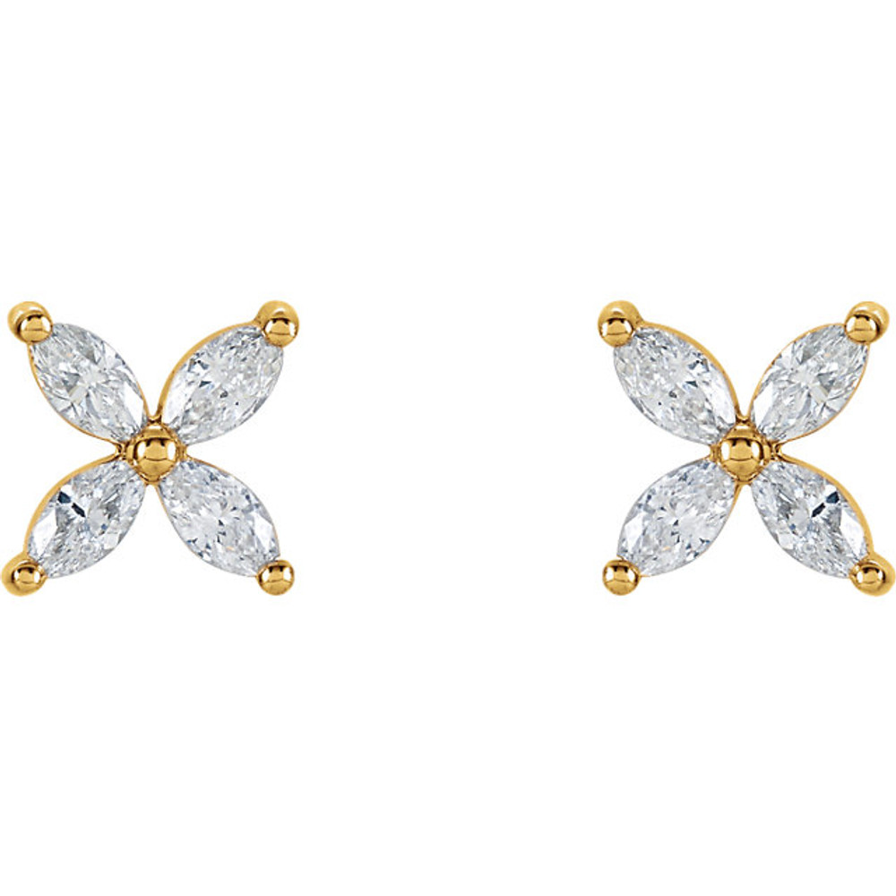 With ease and elegance, these diamond cluster earrings elevate any attire. Fashioned in 14K yellow gold, each earring showcases four shimmering marquise diamonds arranged in a flower-like setting. Radiant with 5/8 ct. t.w. of diamonds, these post earrings secure comfortably with friction backs. 