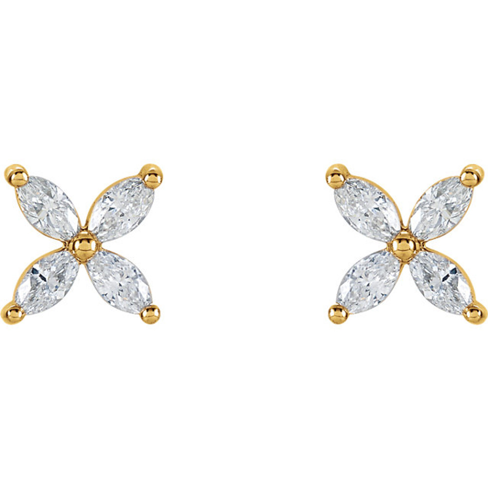 With ease and elegance, these diamond cluster earrings elevate any attire. Fashioned in 14K yellow gold, each earring showcases four shimmering marquise diamonds arranged in a flower-like setting. Radiant with 5/8 ct. t.w. of diamonds, these post earrings secure comfortably with friction backs.