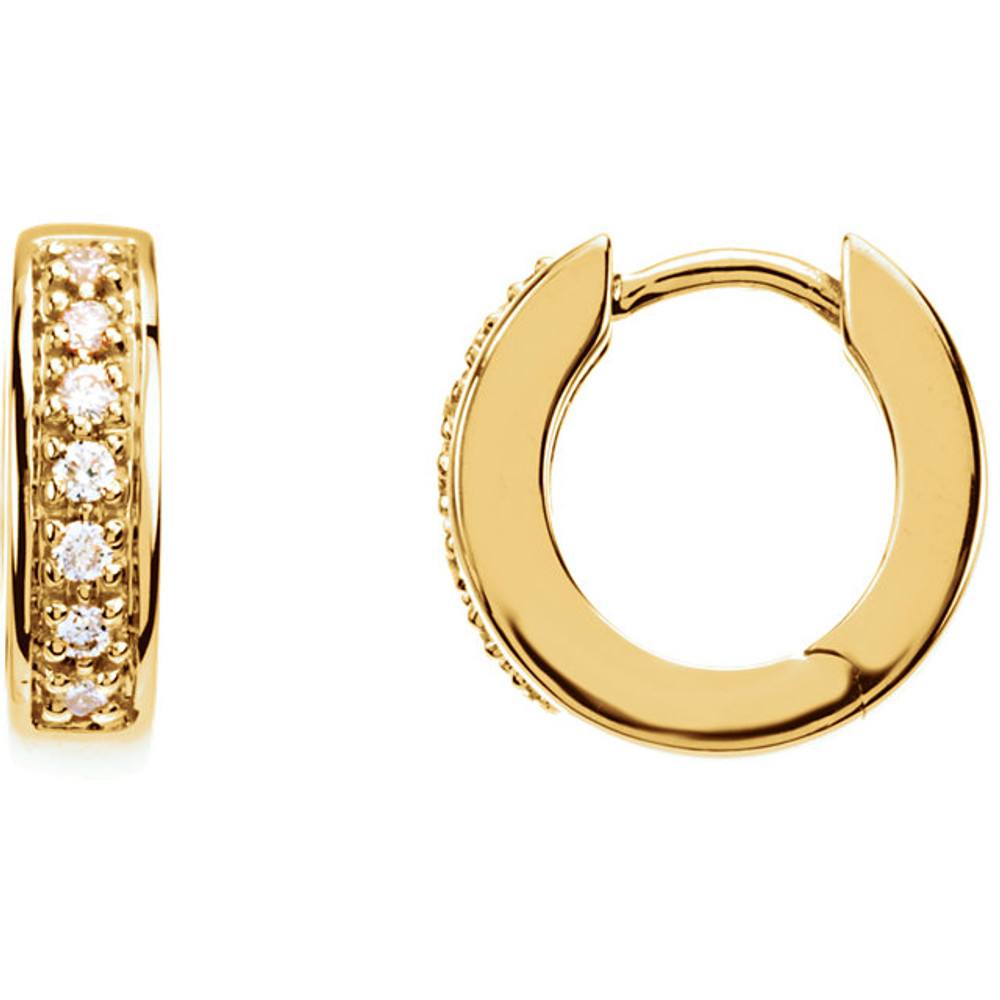 Brilliant diamonds adorn these petite hoop earrings in 14k yellow gold. A versatile look for evening or everyday wear.