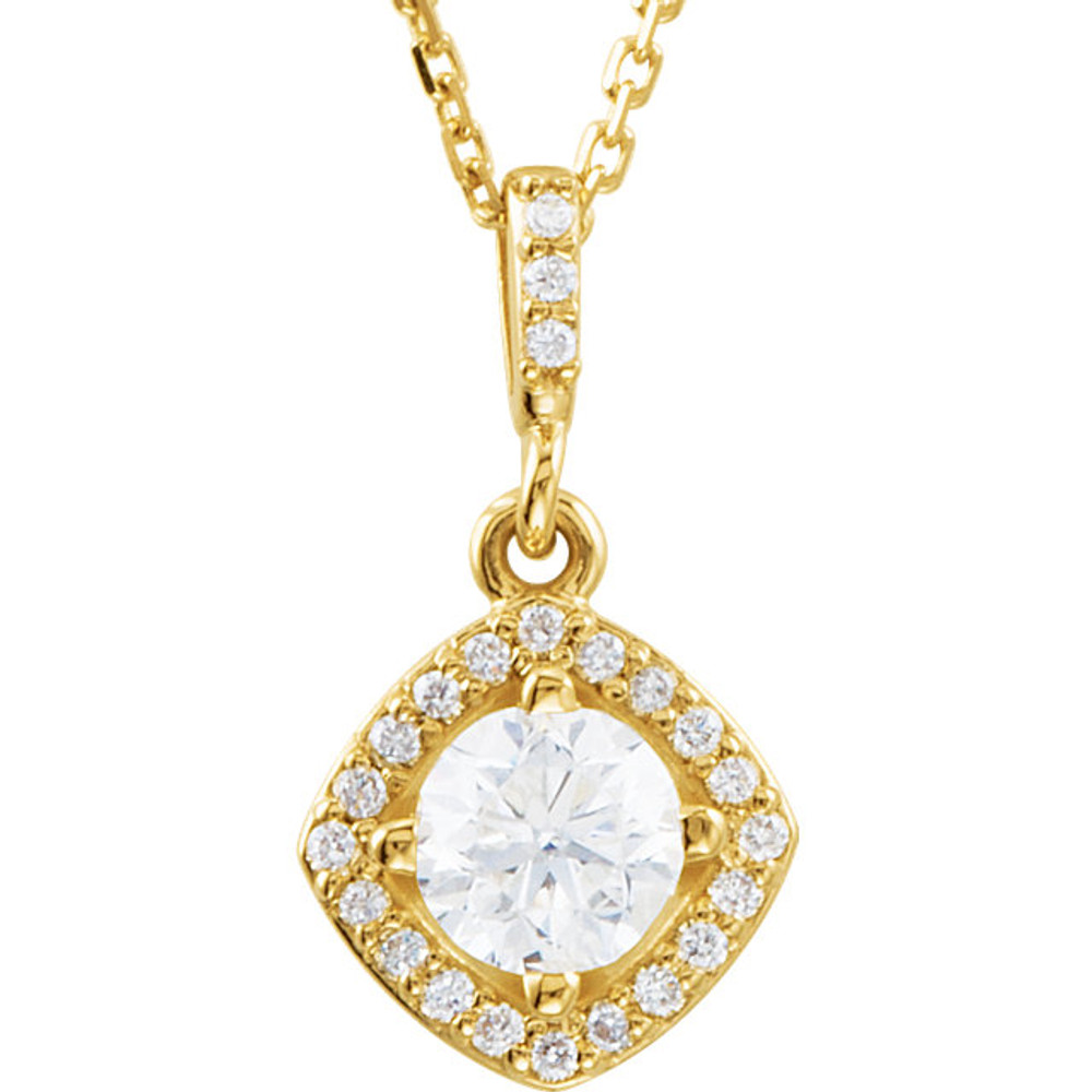 An impressive round diamond framed in additional round diamonds is the focal point of this extraordinary necklace for her. The pendant, fashioned in 14K yellow gold, is suspended from an 18-inch chain secured with a spring ring clasp. The total diamond weight is 3/8 carats.