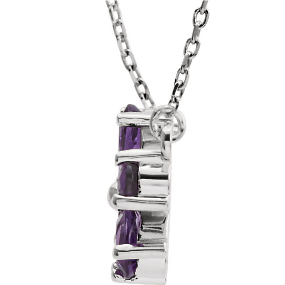 This 14k white gold necklace features an 05.00x03.00mm pear genuine amethyst gemstone and has a bright polish to shine. An 16 inch 14k white gold solid diamond cut cable chain is included.