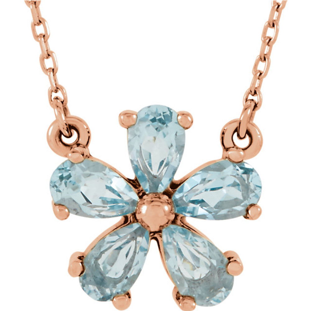 This 14k rose gold necklace features an 05.00x03.00mm pear shaped genuine sky blue topaz gemstone and has a bright polish to shine. An 16 inch 14k rose gold diamond cut cable chain is included.