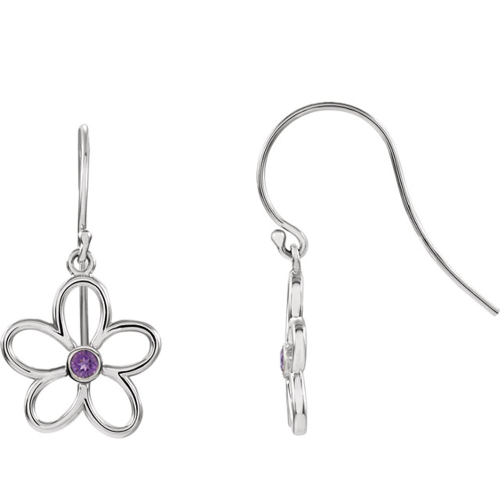 Fun, fresh and flirty, these freeform flower french wire earrings will give any look a contemporary update. Crafted in brightly polished sterling silver, the modern design of these swirling flowers is made even more brilliant by the addition of genuine amethyst stones right at the center. Polished to a brilliant shine, these drops suspend freely from French wires.