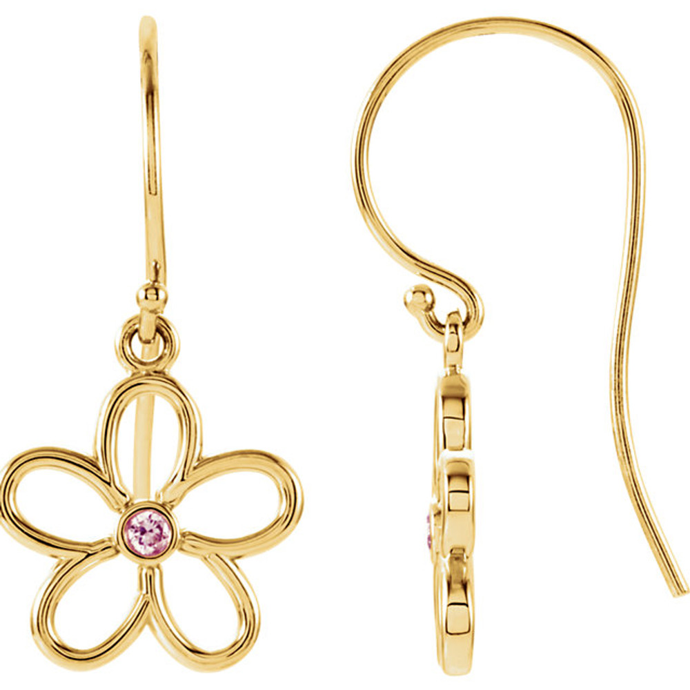 Fun, fresh and flirty, these freeform flower french wire earrings will give any look a contemporary update. Crafted in brightly polished 14k yellow gold, the modern design of these swirling flowers is made even more brilliant by the addition of genuine pink tourmaline stones right at the center. Polished to a brilliant shine, these drops suspend freely from French wires.