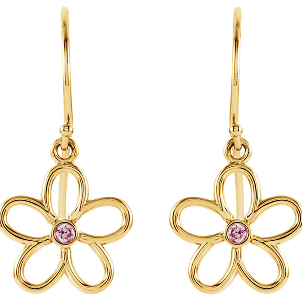 Fun, fresh and flirty, these freeform flower french wire earrings will give any look a contemporary update. Crafted in brightly polished 14k yellow gold, the modern design of these swirling flowers is made even more brilliant by the addition of genuine pink tourmaline stones right at the center. Polished to a brilliant shine, these drops suspend freely from French wires.