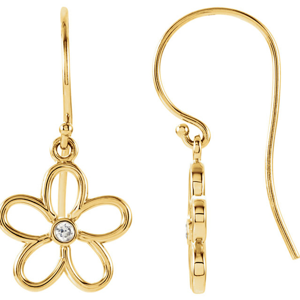 Fun, fresh and flirty, these freeform flower french wire earrings will give any look a contemporary update. Crafted in brightly polished 14k yellow gold, the modern design of these swirling flowers is made even more brilliant by the addition of shiny diamond stones right at the center. Polished to a brilliant shine, these drops suspend freely from French wires.