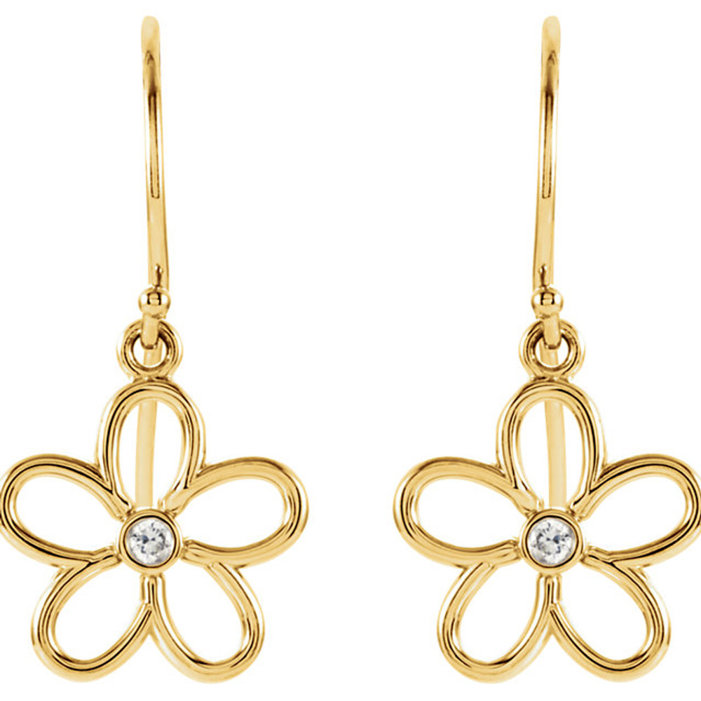 Fun, fresh and flirty, these freeform flower french wire earrings will give any look a contemporary update. Crafted in brightly polished 14k yellow gold, the modern design of these swirling flowers is made even more brilliant by the addition of shiny diamond stones right at the center. Polished to a brilliant shine, these drops suspend freely from French wires.