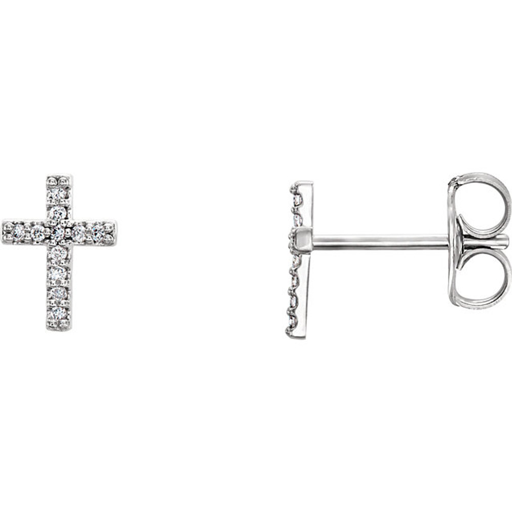 Share your faith with these diamond cross earrings with 22 round full cut diamonds.

Set in platinum, these cross shaped earrings feature a total weight of 0.06 carats of diamond light.

These stud-style cross earrings with their diamond sparkle sit close to the ear and are sure to light up any outfit, any time. 