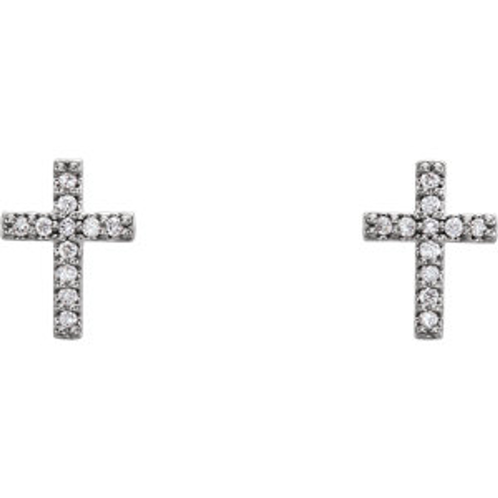 Share your faith with these diamond cross earrings with 22 round full cut diamonds.

Set in platinum, these cross shaped earrings feature a total weight of 0.06 carats of diamond light.

These stud-style cross earrings with their diamond sparkle sit close to the ear and are sure to light up any outfit, any time. 