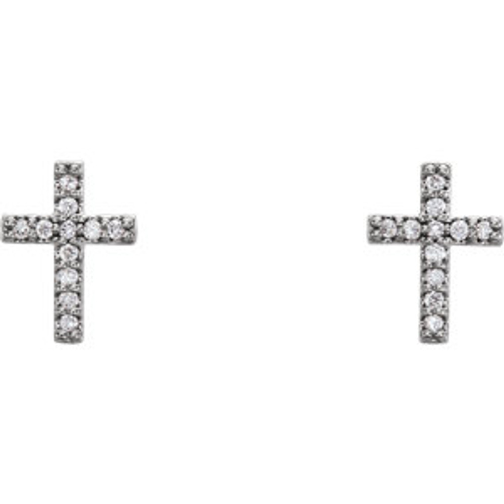 Share your faith with these diamond cross earrings with 22 round full cut diamonds. Set in 14k white gold, these cross shaped earrings feature a total weight of 0.06 carats of diamond light. These stud-style cross earrings with their diamond sparkle sit close to the ear and are sure to light up any outfit, any time.