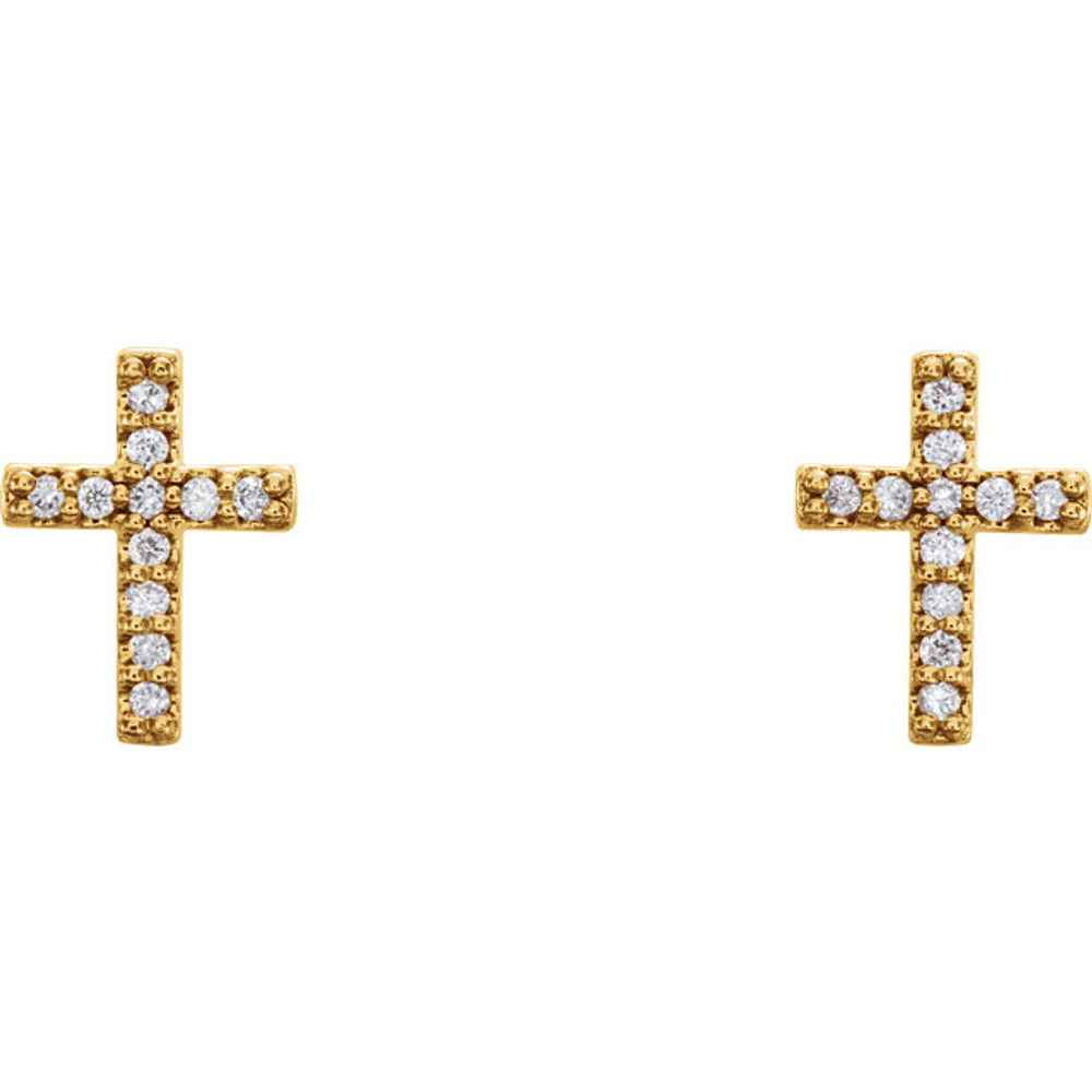 Share your faith with these diamond cross earrings with 22 round full cut diamonds. Set in 14k yellow gold, these cross shaped earrings feature a total weight of 0.06 carats of diamond light. These stud-style cross earrings with their diamond sparkle sit close to the ear and are sure to light up any outfit, any time.