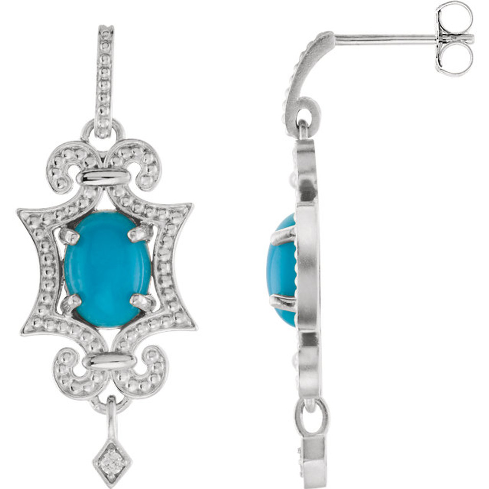 Exquisite 14Kt white gold earrings capturing the beauty of genuine turquoise and white shimmering diamonds.
