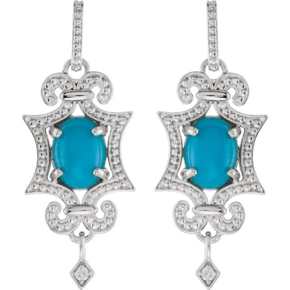 Exquisite 14Kt white gold earrings capturing the beauty of genuine turquoise and white shimmering diamonds.