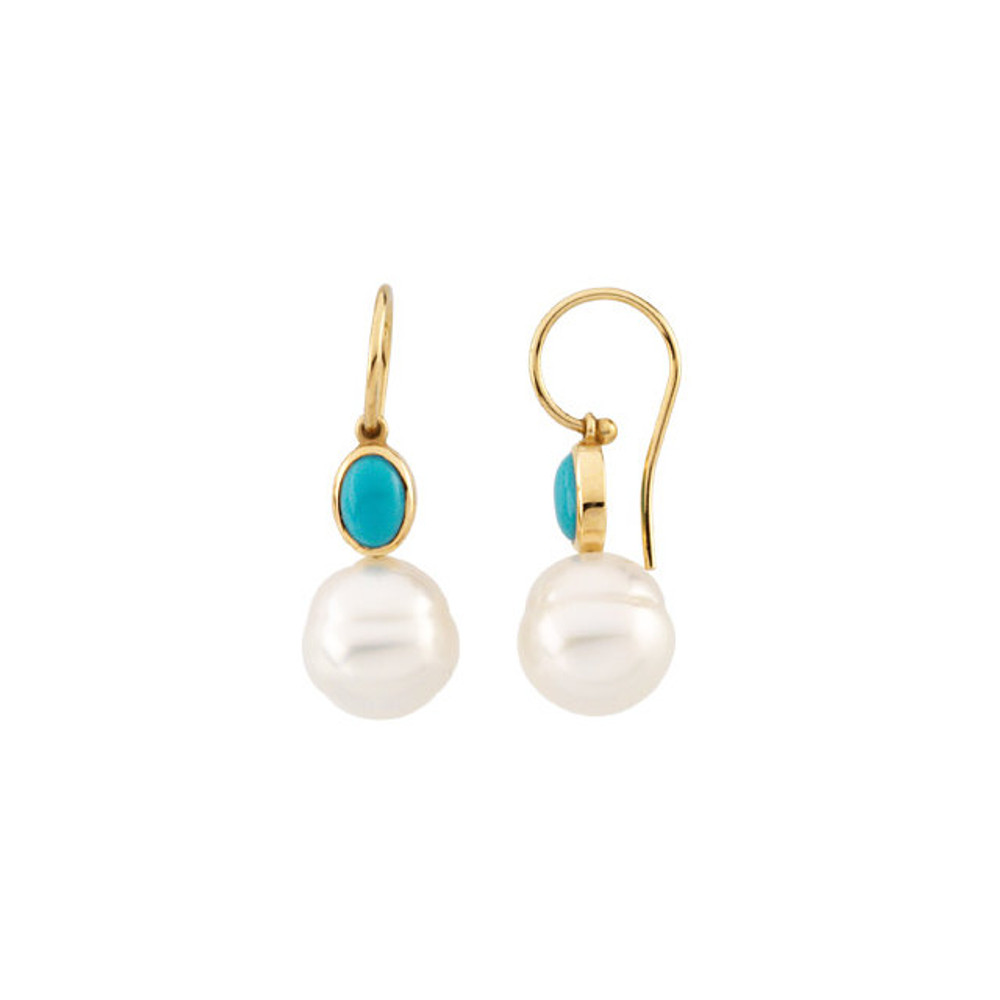 Wonderful 14k yellow gold earrings with genuine turquoise 7x5mm in size and a 11mm south Sea cultured pearl stone.